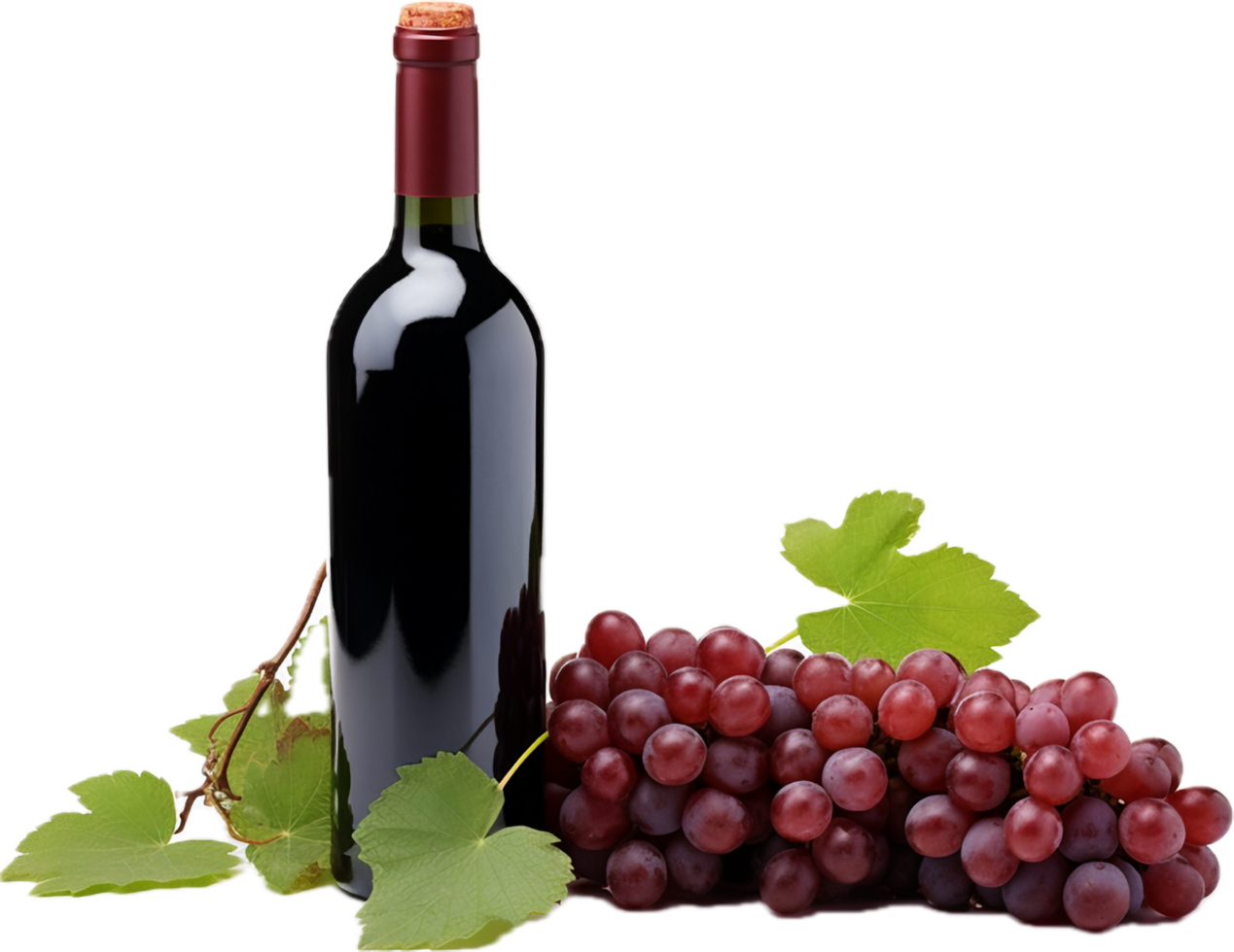 Red wine bottle with wine grapes png with AI generated.