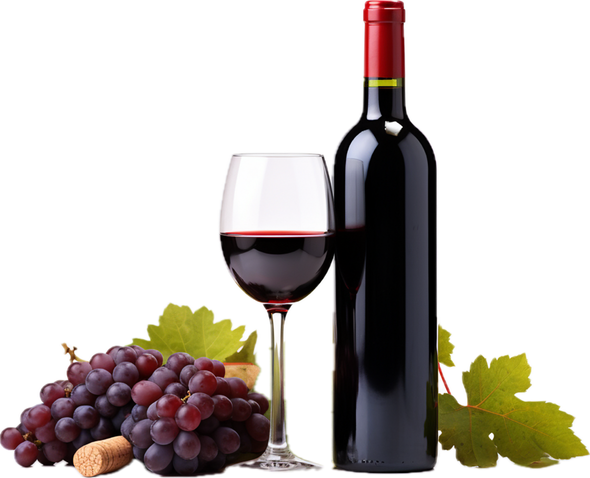 Red wine bottle with wine grapes png with AI generated.