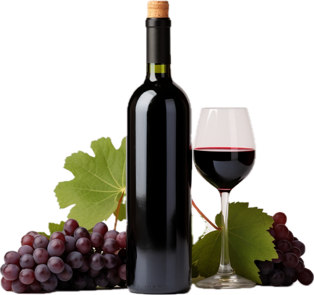 Red wine bottle with wine grapes png with AI generated.
