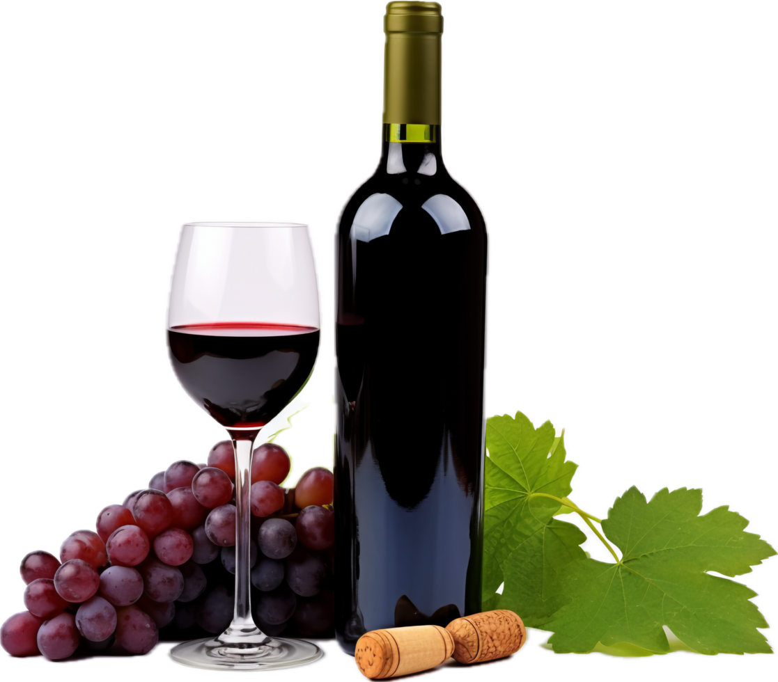 Red wine bottle with wine grapes png with AI generated.