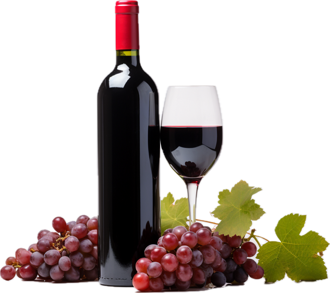 Red wine bottle with wine grapes png with AI generated.