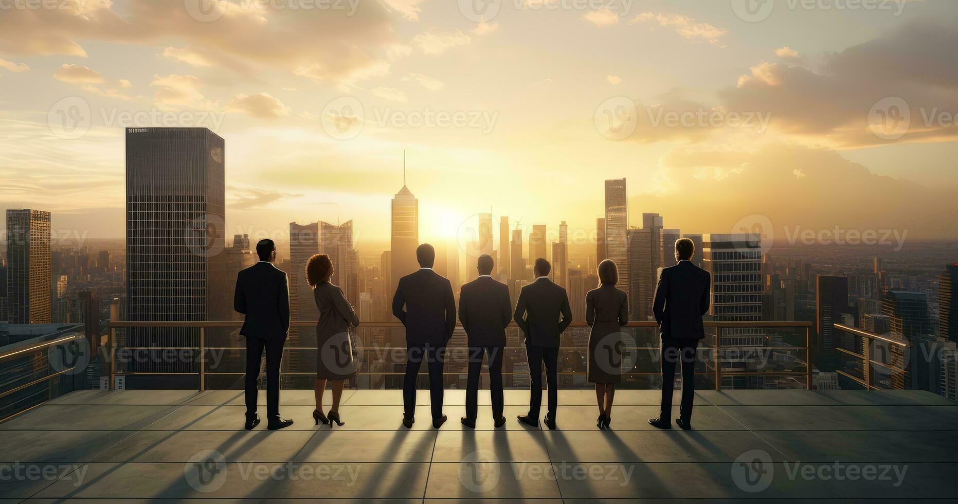 men and women business professionals standing watch the dawn of a new venture , generated by AI photo