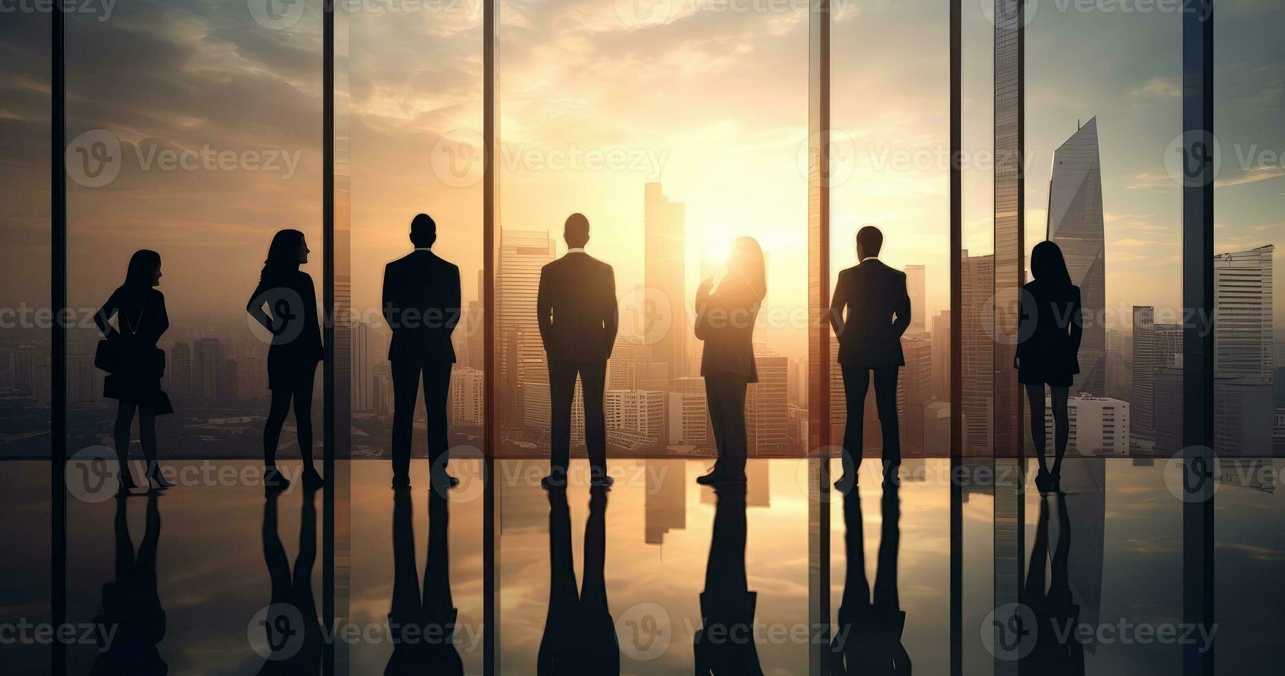 men and women business professionals standing watch the dawn of a new venture , generated by AI photo