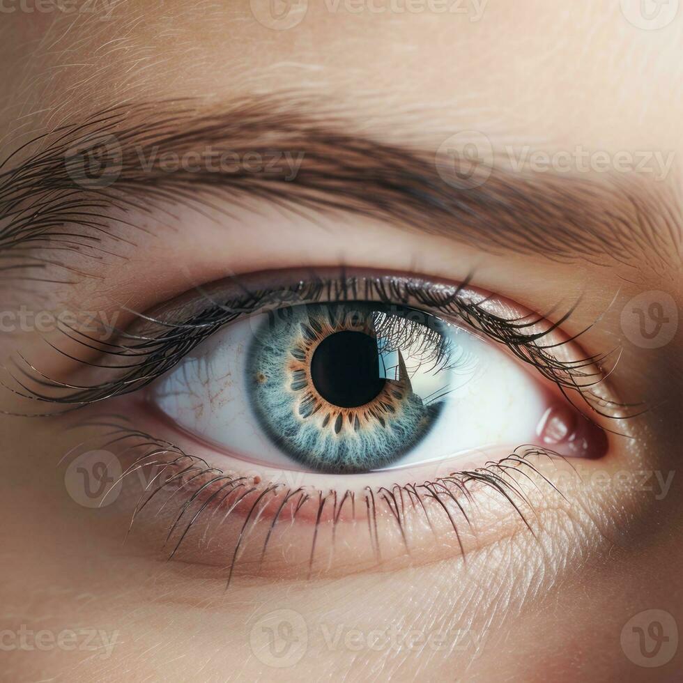 un mujer ojos, gris azulado color, estrechado con ira , generado por ai foto