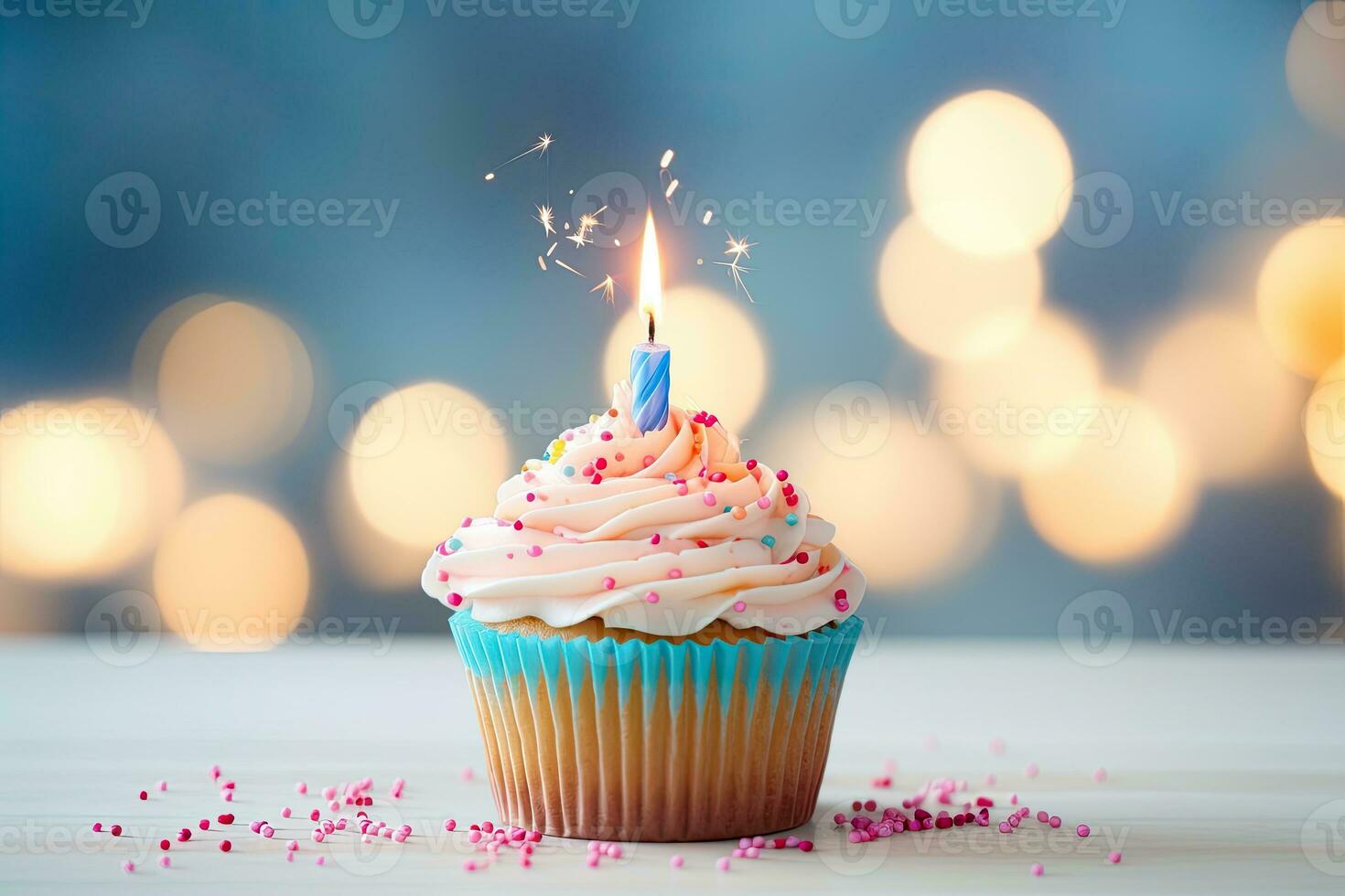 Birthday cupcake with candle on wooden table and bokeh background, Delicious birthday cupcake on table on light background, AI Generated photo