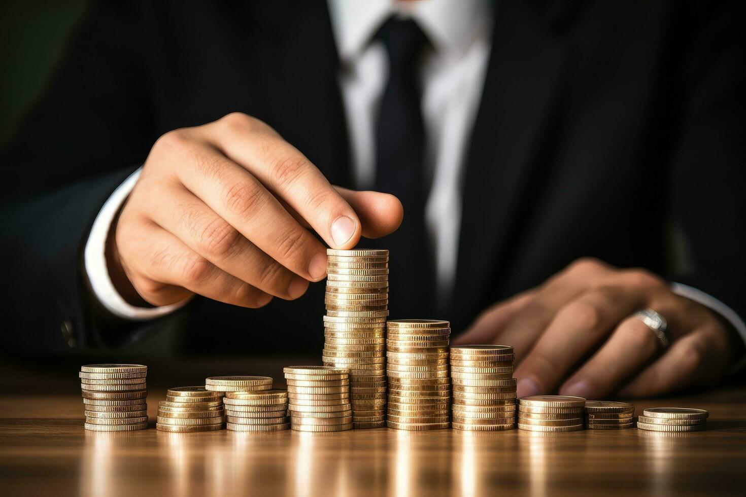 Businessman stacking coins on wooden table, finance and banking concept, Investment concept, Coins stacked on each other in different positions, with hand of businessman, AI Generated photo