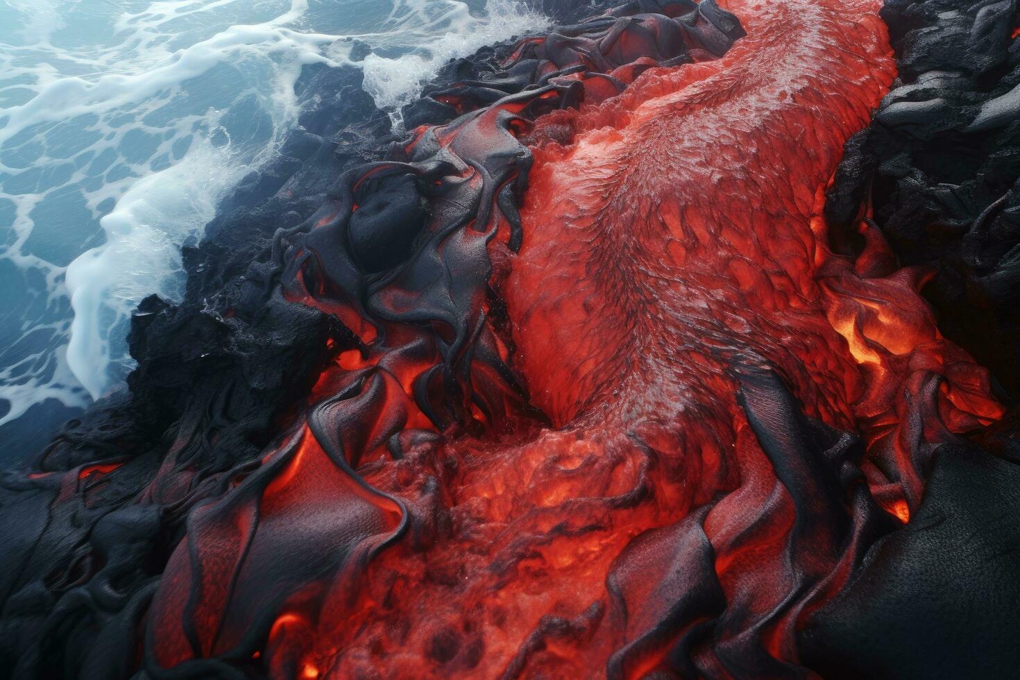 Volcanic lava flow in Hawaii Volcanoes National Park, Lava is entering the ocean with many small flows, AI Generated photo