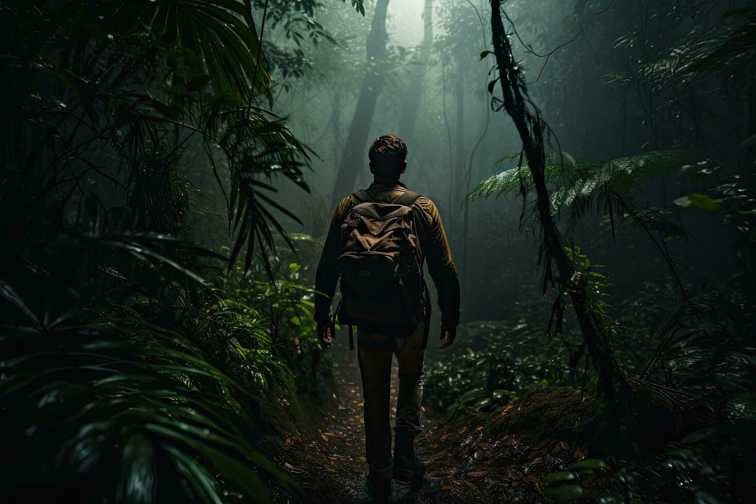 Man with backpack walking on the trail in the jungle at night, Male Hiker walking through a dense dark jungle, rear view, full body, AI Generated photo