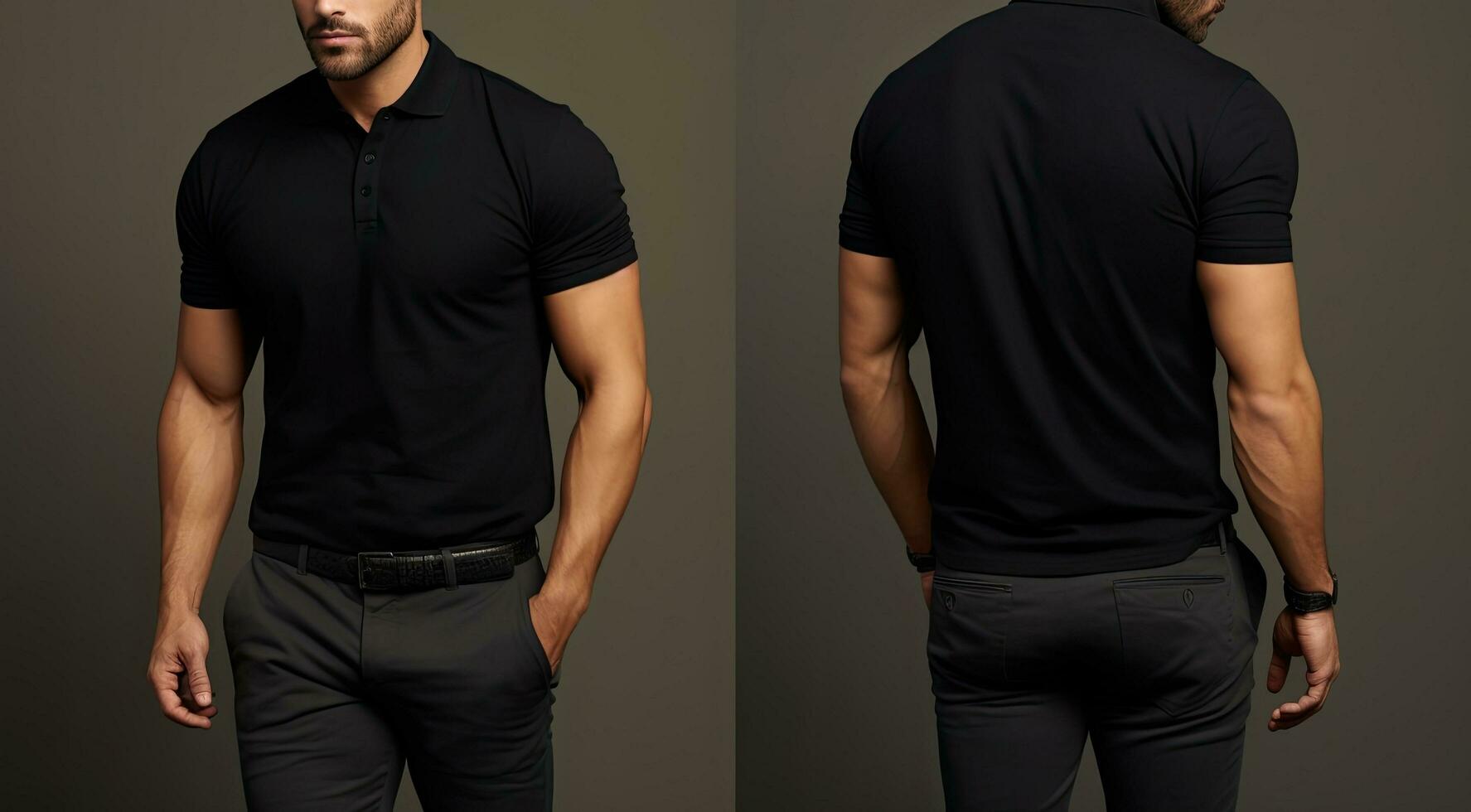 Blank black polo t-shirt mockup, front and back view, Male model wearing a simple black polo tshirt on a White background, front view and back view, top section croppedped, AI Generated photo