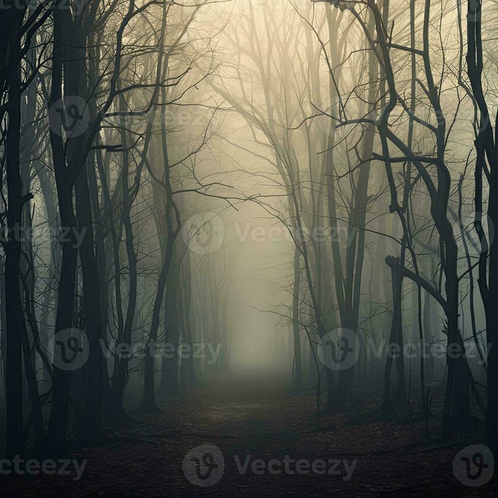 haunting landscape shot of many tree trunks forest spooky haunting creepy mist , generated by AI photo