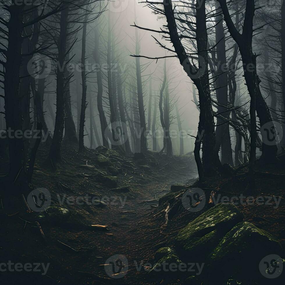 haunting landscape shot of many tree trunks forest spooky haunting creepy mist , generated by AI photo