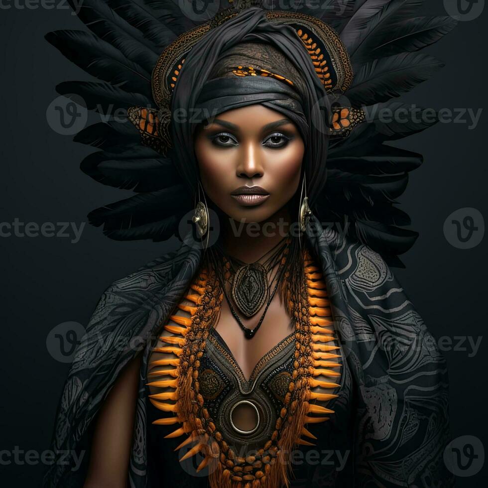 An african woman portrait with headdress and feathers on black background , generated by AI photo