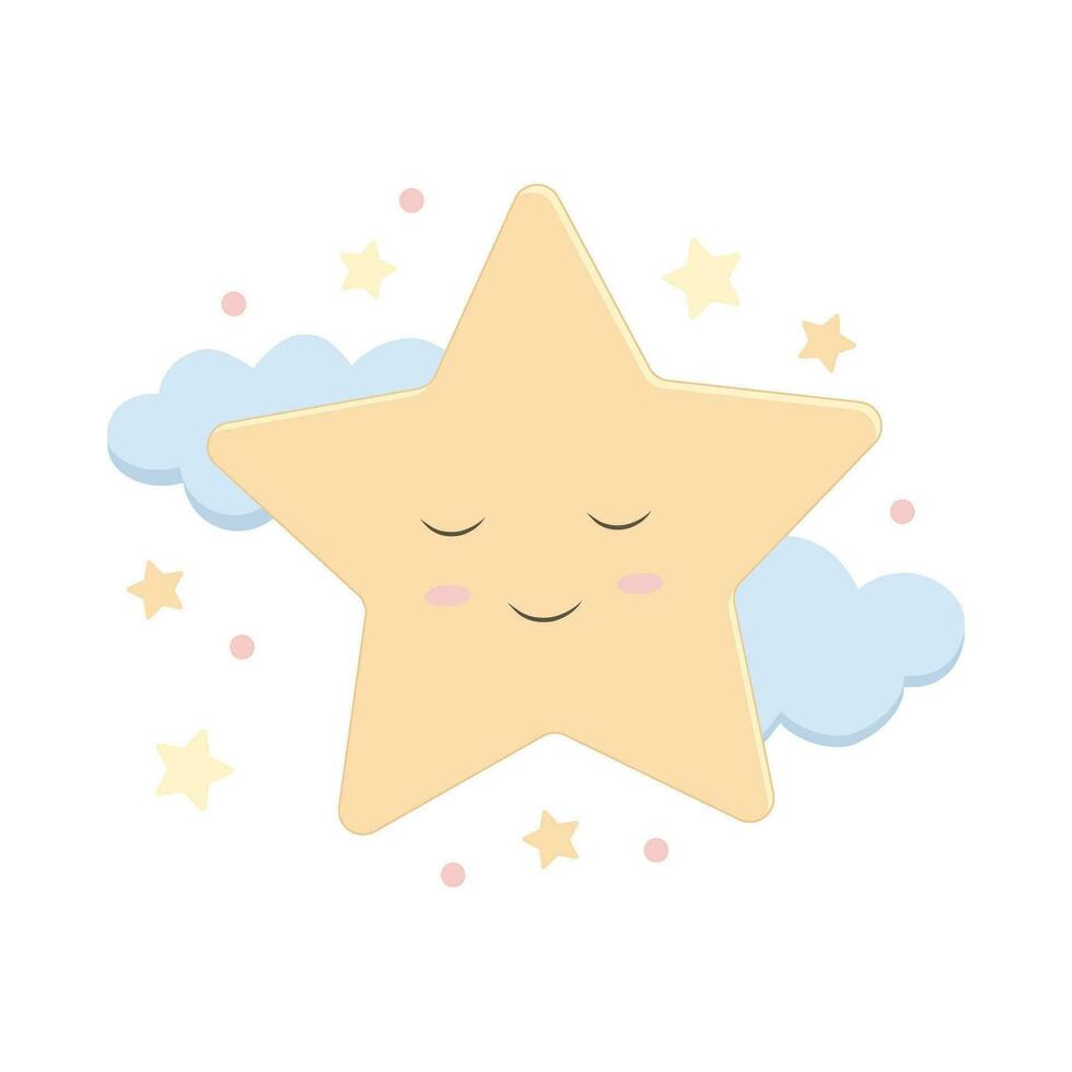 Cute star with happy face. Funny baby character smiling with closed eyes. Children's flat graphic isolated vector illustration