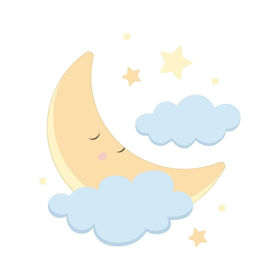 Vector illustration of cute sleeping cloud, moon and star. Scandinavian nursery print design.