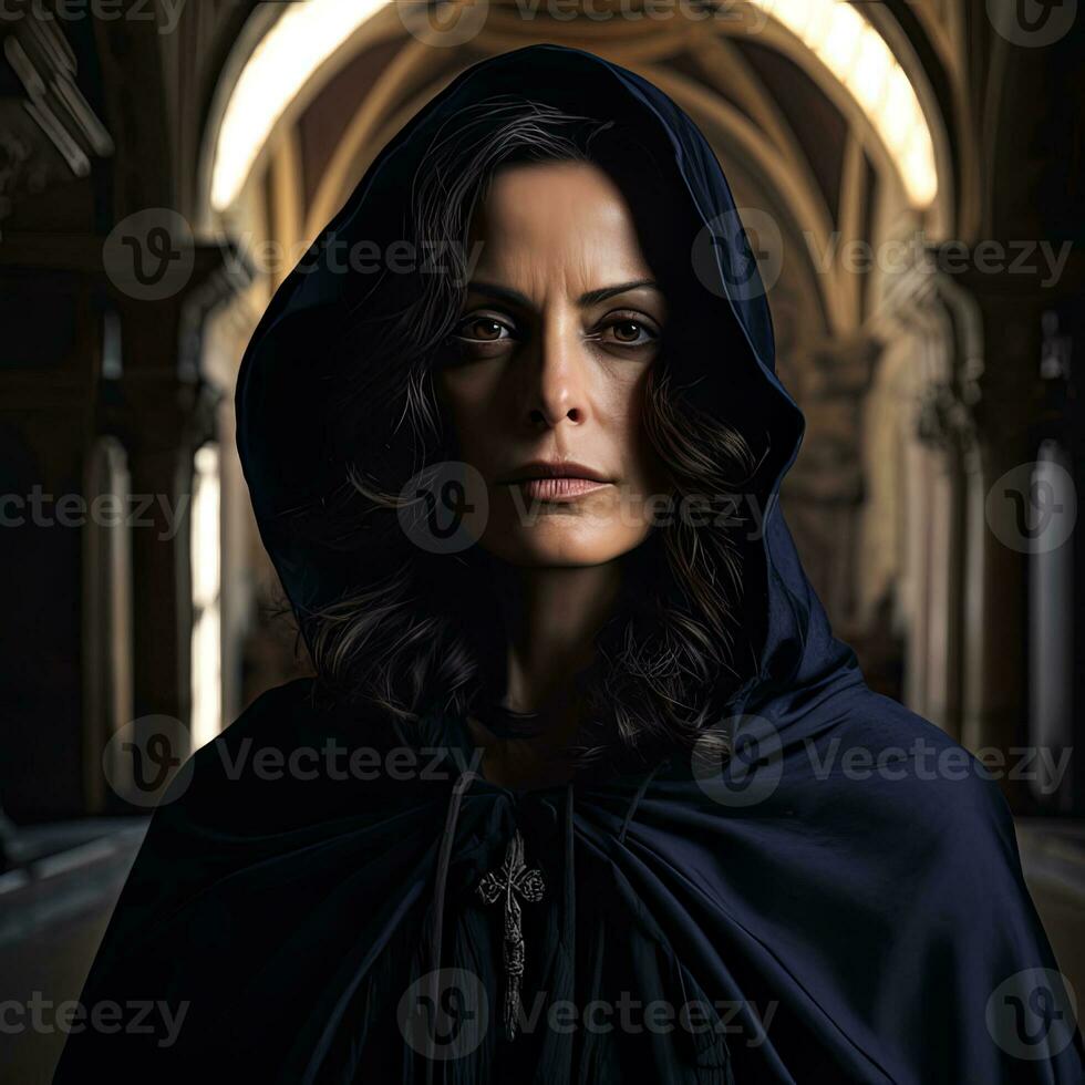 52 year old black haired Italian women with glasses in a dark hooded robe in an ancient cathedral looking into the camera menacing with power , generated by AI photo