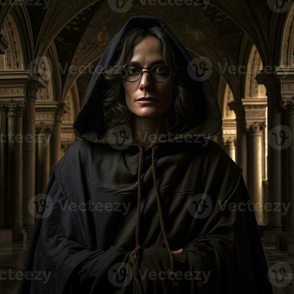 52 year old black haired Italian women with glasses in a dark hooded robe in an ancient cathedral looking into the camera menacing with power , generated by AI photo