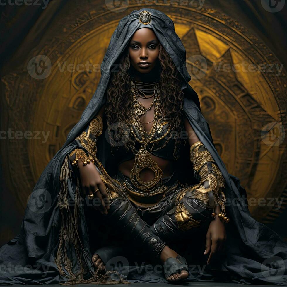 An african woman portrait with headdress and feathers on black background , generated by AI photo