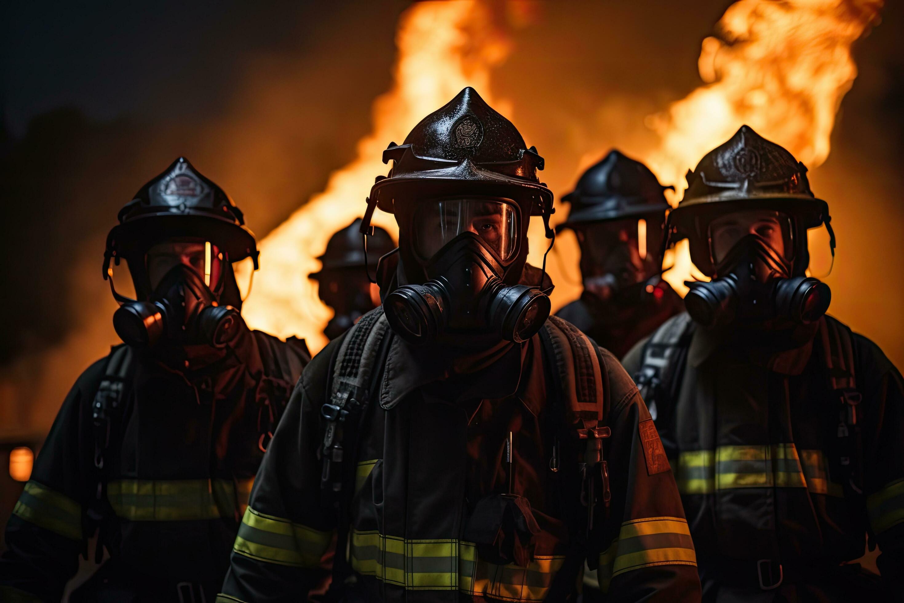 Group of firemen fighting a fire in a burning building at night 