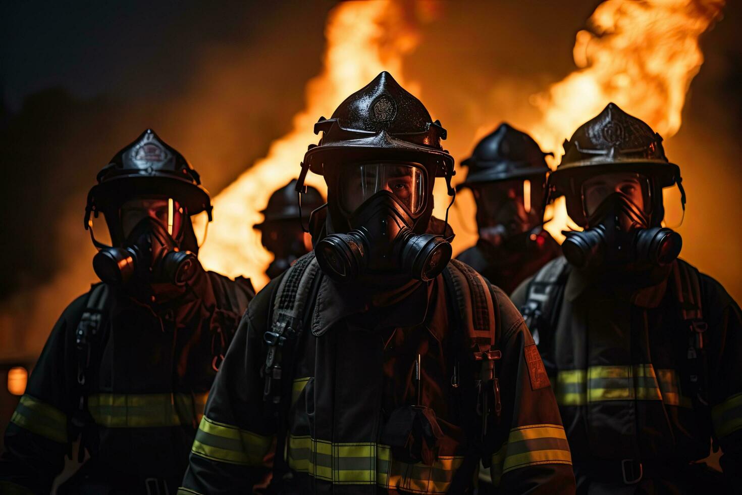 Group of firemen fighting a fire in a burning building at night, Inferno Protectors A group of masked firefighters bravely battles towering flames, showcasing their commitment saving, AI Generated photo