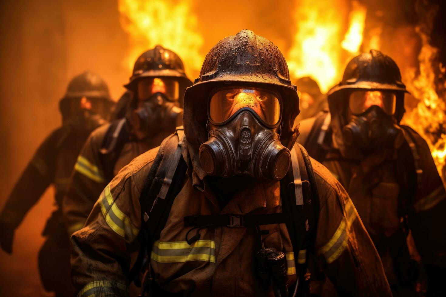 Firefighters fighting a fire with a gas mask and oxygen mask, Inferno Protectors A group of masked firefighters bravely battles towering flames, showcasing their commitment to saving, AI Generated photo