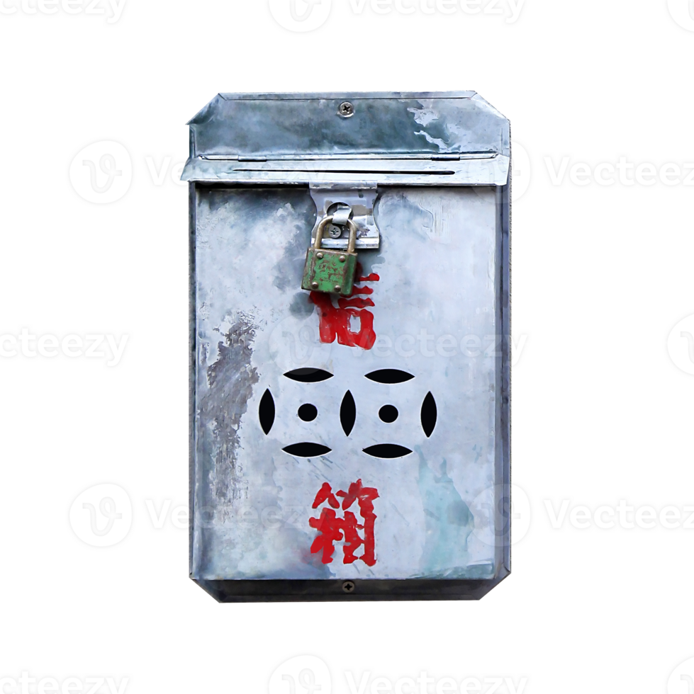 Isolated vintage silver hong kong mail box with red chinese words and lock on transparent background png