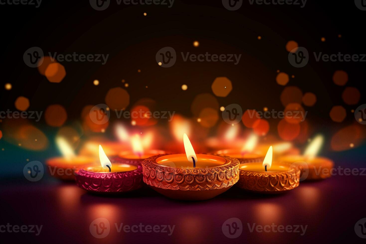 Diwali or Deepavali festival candles in dark night bokeh background, AI generative photo