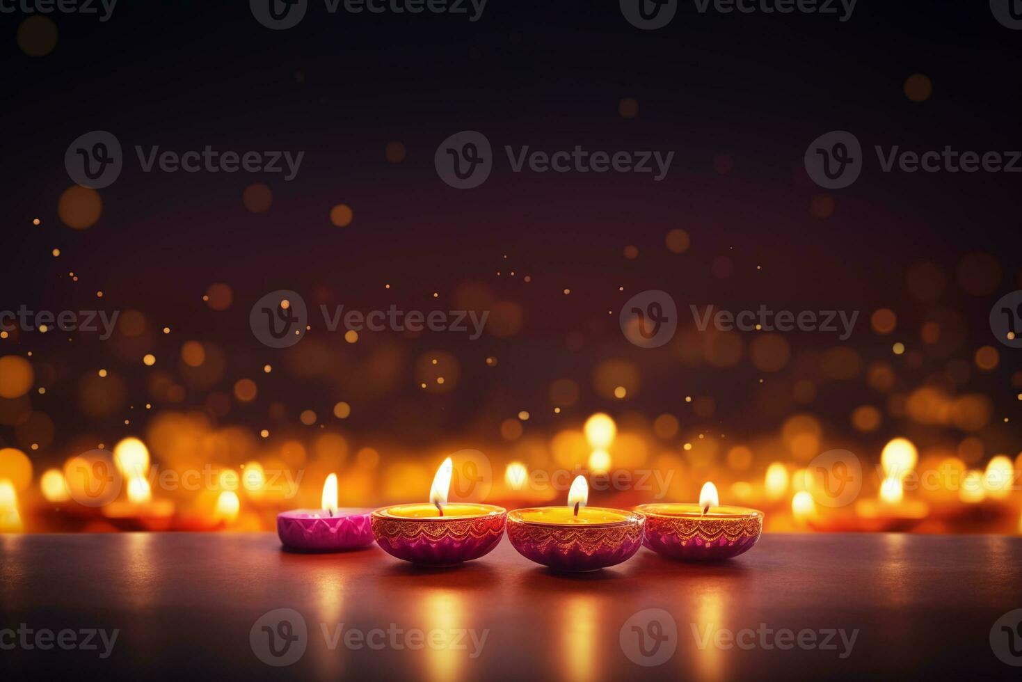 Diwali or Deepavali festival candles on in dark night bokeh background, AI generative photo