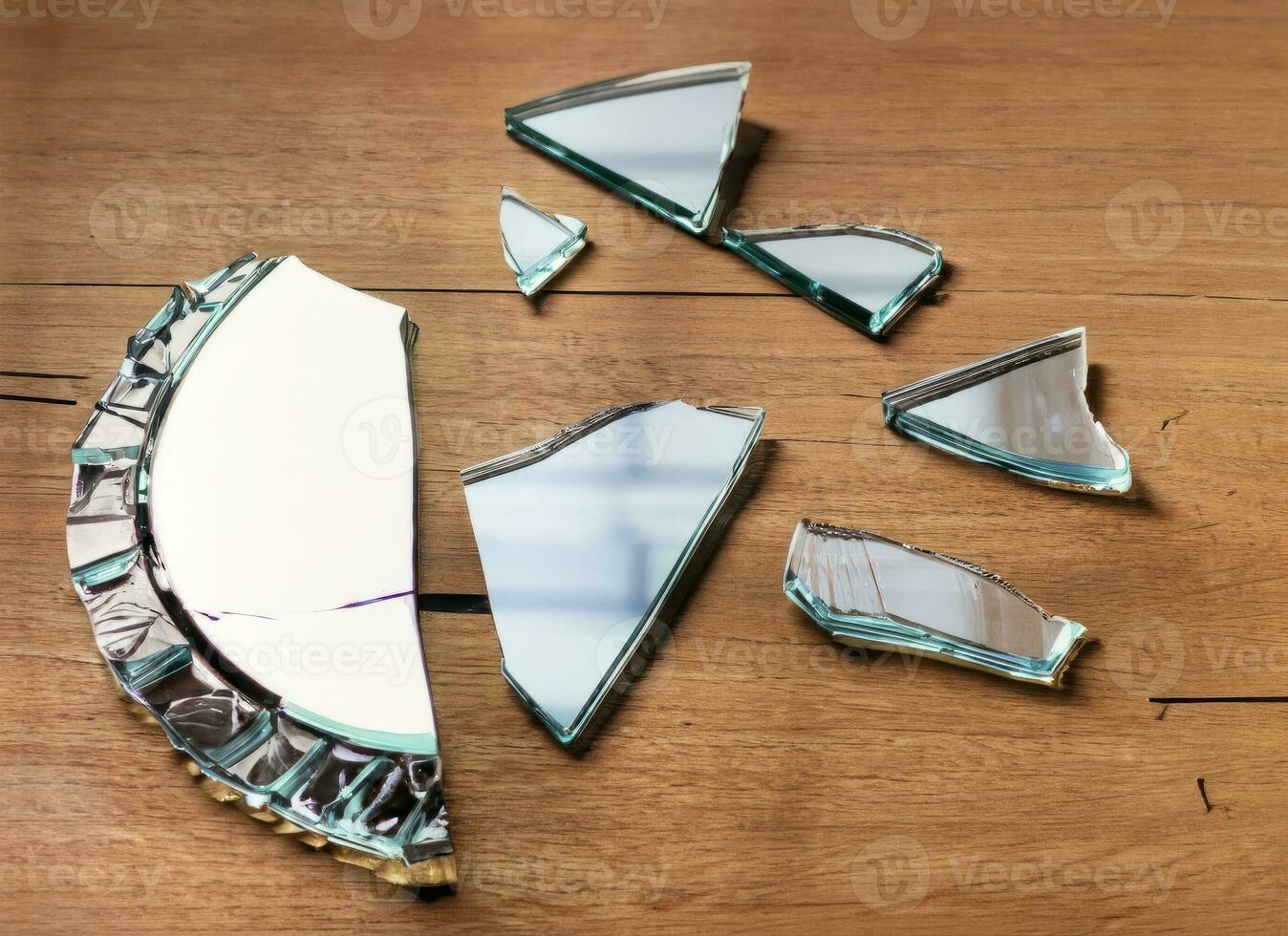 broken glass glasses mirror on wooden floor , generated by AI photo