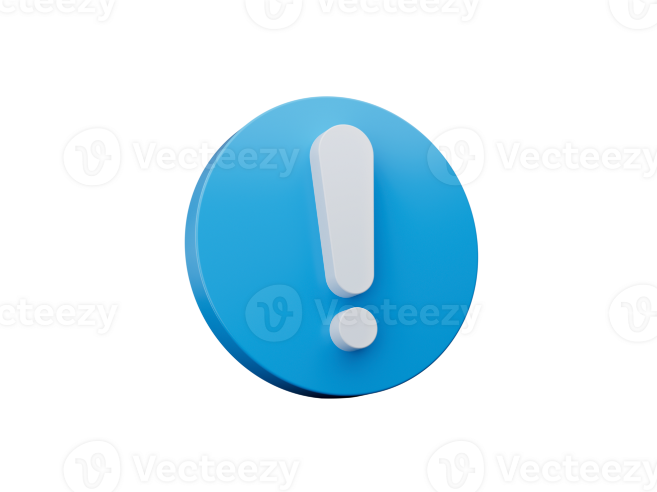 White exclamation mark or point symbol on blue Circle icon solution, alert or info concept, 3D illustration png