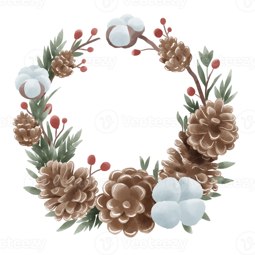 Watercolor Christmas Cotton pine cone Wreath hand drawn illustration png