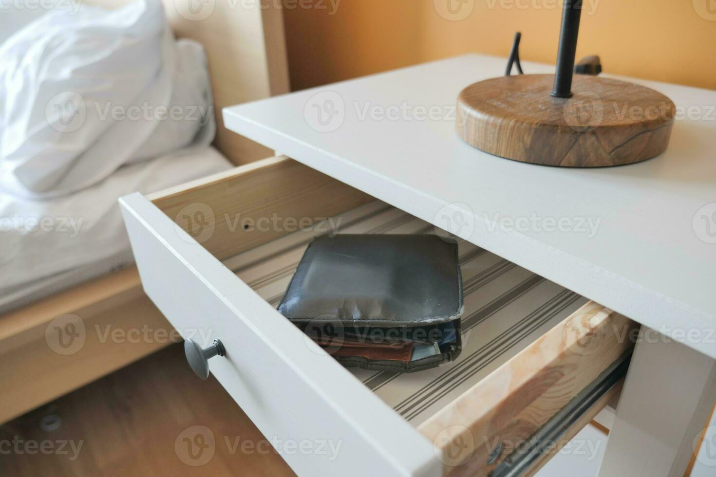 a wallet in a open drawer closeup. photo