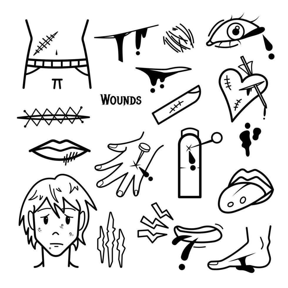 Wounds or scars themed vector icon set collection with black outlines isolated on square white background. Wounds from various body parts. Simple flat cartoon art styled drawing.