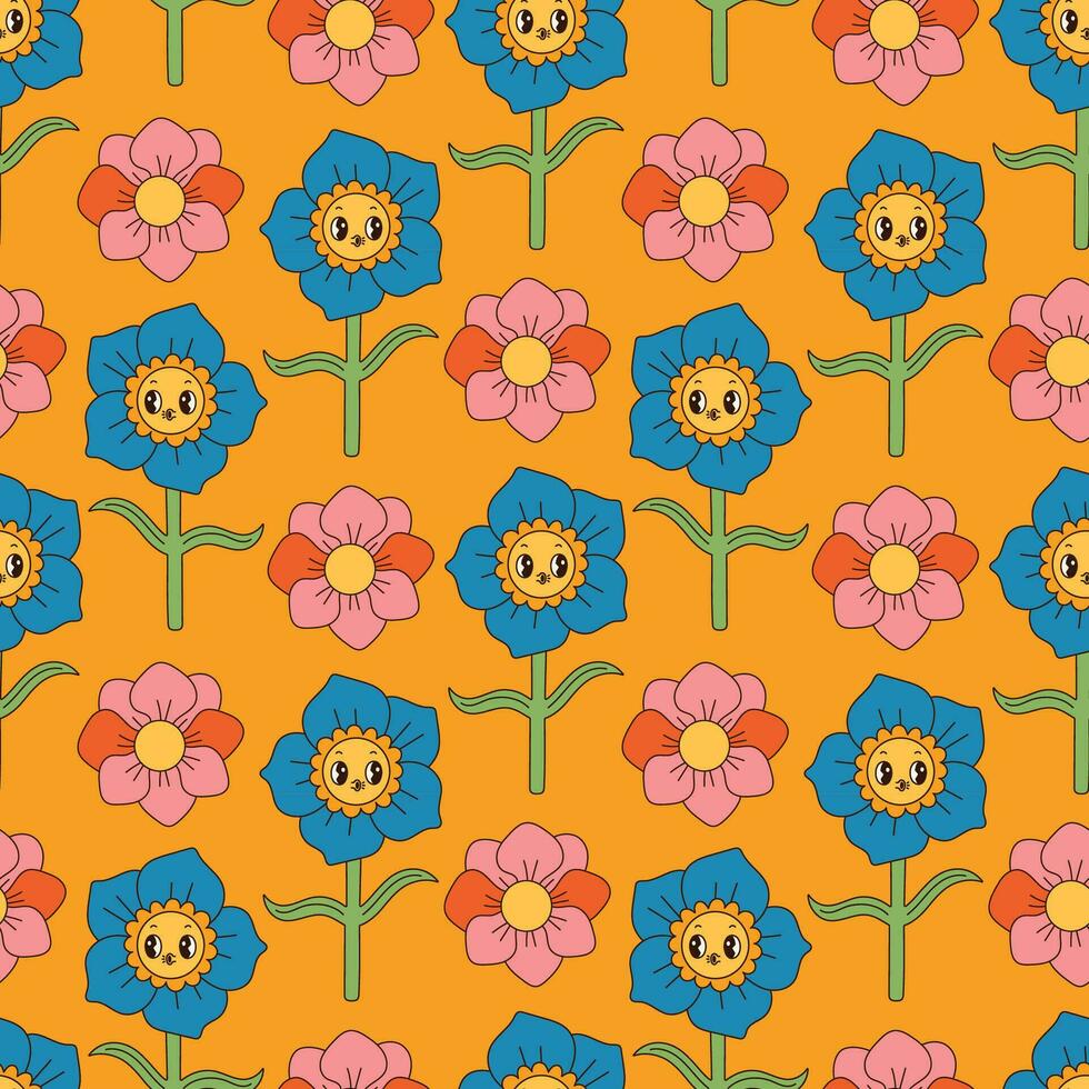 Groovy flowers seamless pattern. Retro 70s smiling face flowers graphic elements isolated. Hippie, peace, flower power simple linear style Groovy decorative vector illustration. Retro vintage flowers.