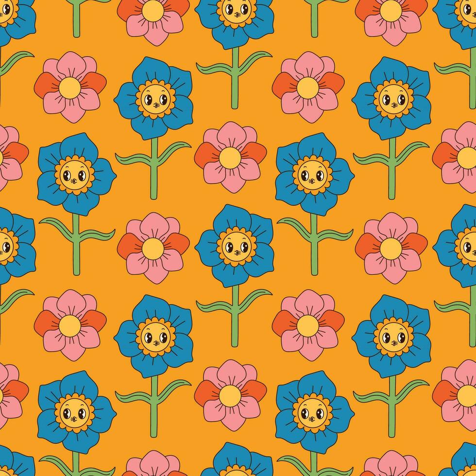 maravilloso flores sin costura modelo. retro 70s sonriente cara flores gráfico elementos aislado. hippie, paz, flor poder sencillo lineal estilo maravilloso decorativo vector ilustración. retro Clásico flores