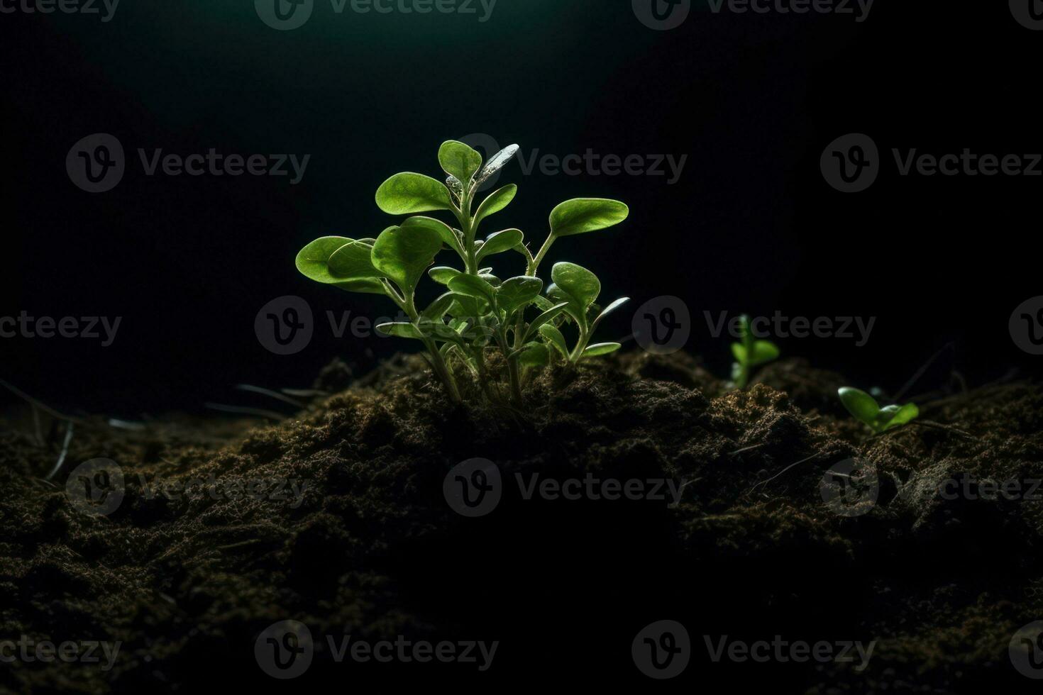 ai generado. joven planta en suciedad con Dom en oscuro pantalla. foto