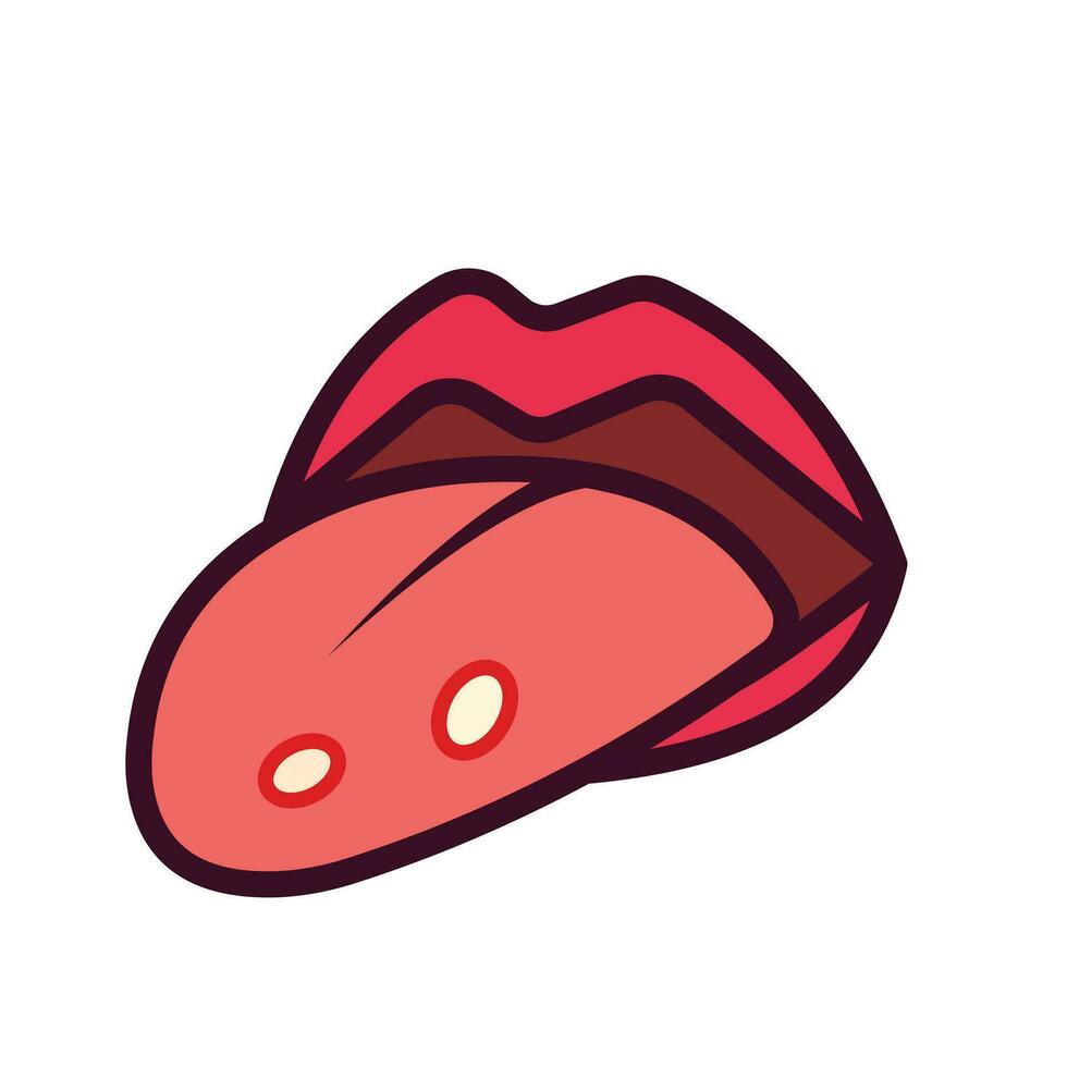 Colored two mouth ulcers wound on tongue. Vector icon with outline isolated on square white background. Simple flat cartoon art styled drawing. Pain on mouth.