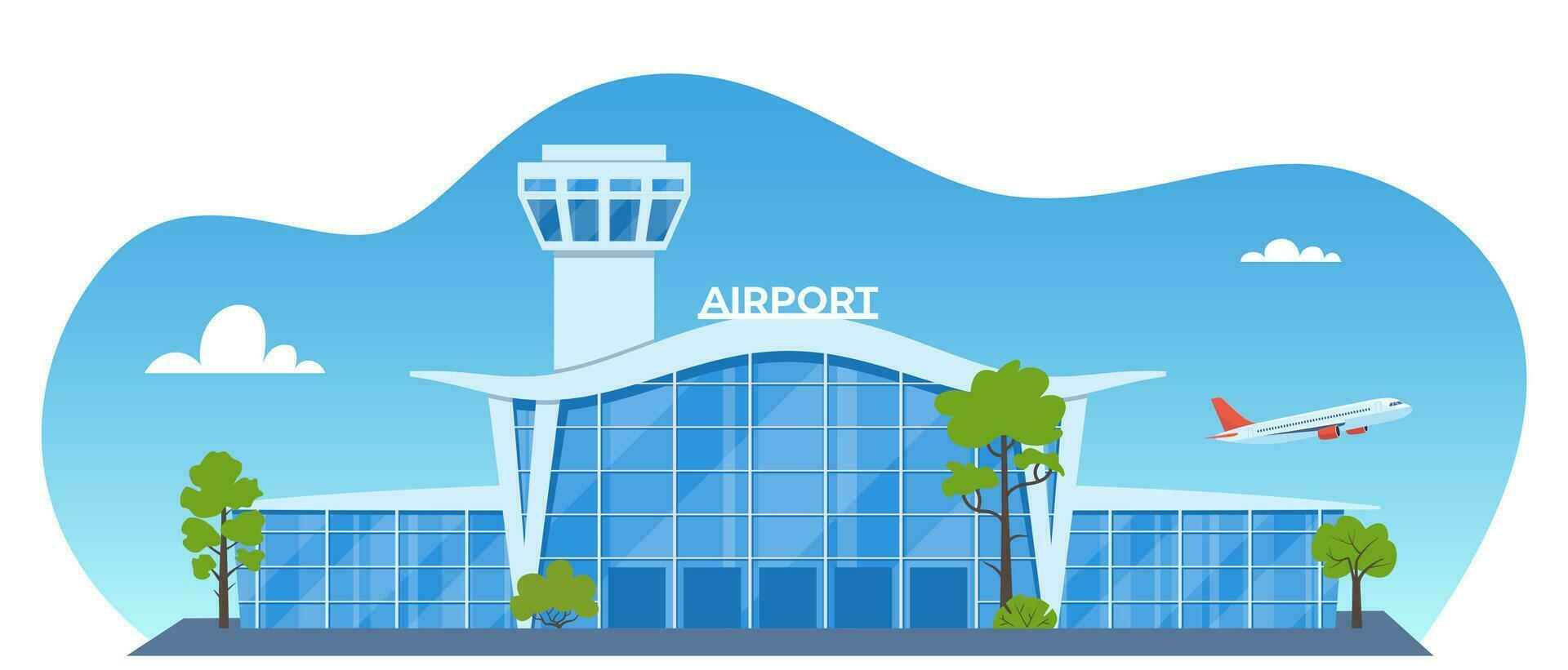 Airport building with flying airplane over tower. Airport terminal facade. Panorama exterior of architecture construction for trips and travels, tourists. Vector illustration.