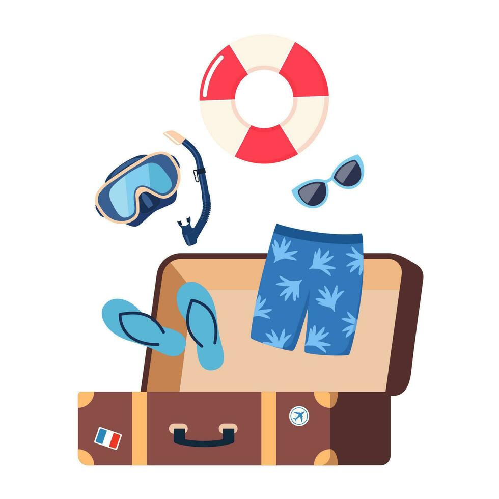 abierto maleta con verano playa elementos. verano vistoso objetos colección para al aire libre viaje vacaciones. vector ilustración.