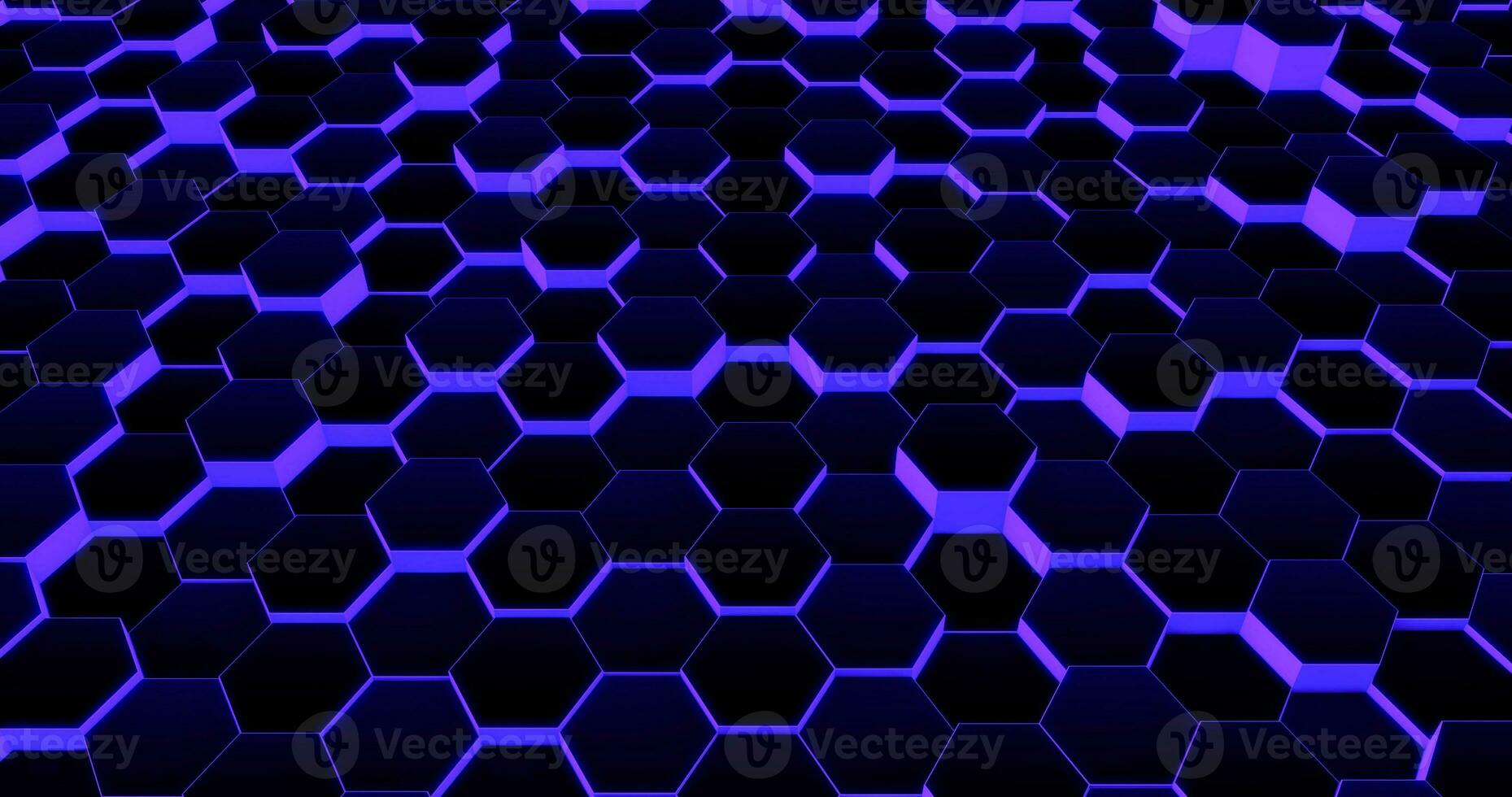 Technological hexagonal background with purple neon illumination. photo