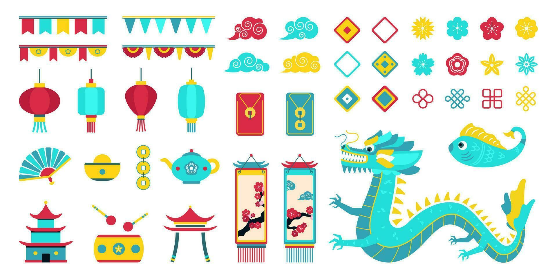 Asian New Year design elements, set of flat drawings with Chinese New Year symbols, decorative oriental modern art with dragon, Asian lanterns, flower blossom, tapestries, coins. Vector illustration.