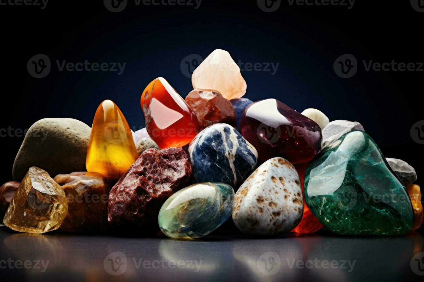 Collection of assorted gemstones in raw, uncut form, highlighting natural beauty of precious stones. Amber, amethyst, topaz, jasper, beryl, jade, opal, turquoise, carnelian, hematite. AI generated photo