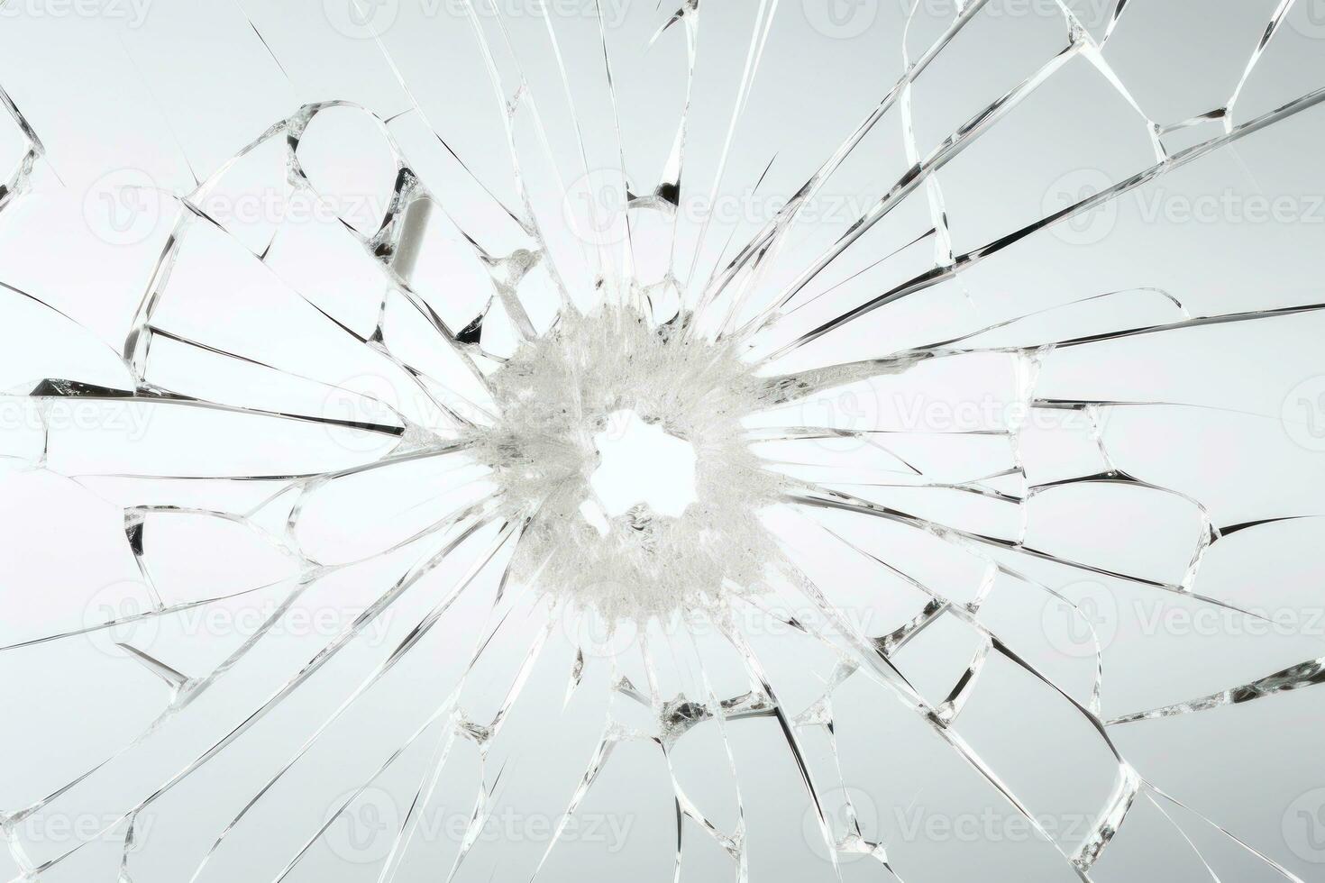 Abstract texture. Broken glass window with hole in the middle and cracks. Glass shards. On a white background. Bullet hole in the glass. With Copy Space. Textured Backdrop. AI generated photo