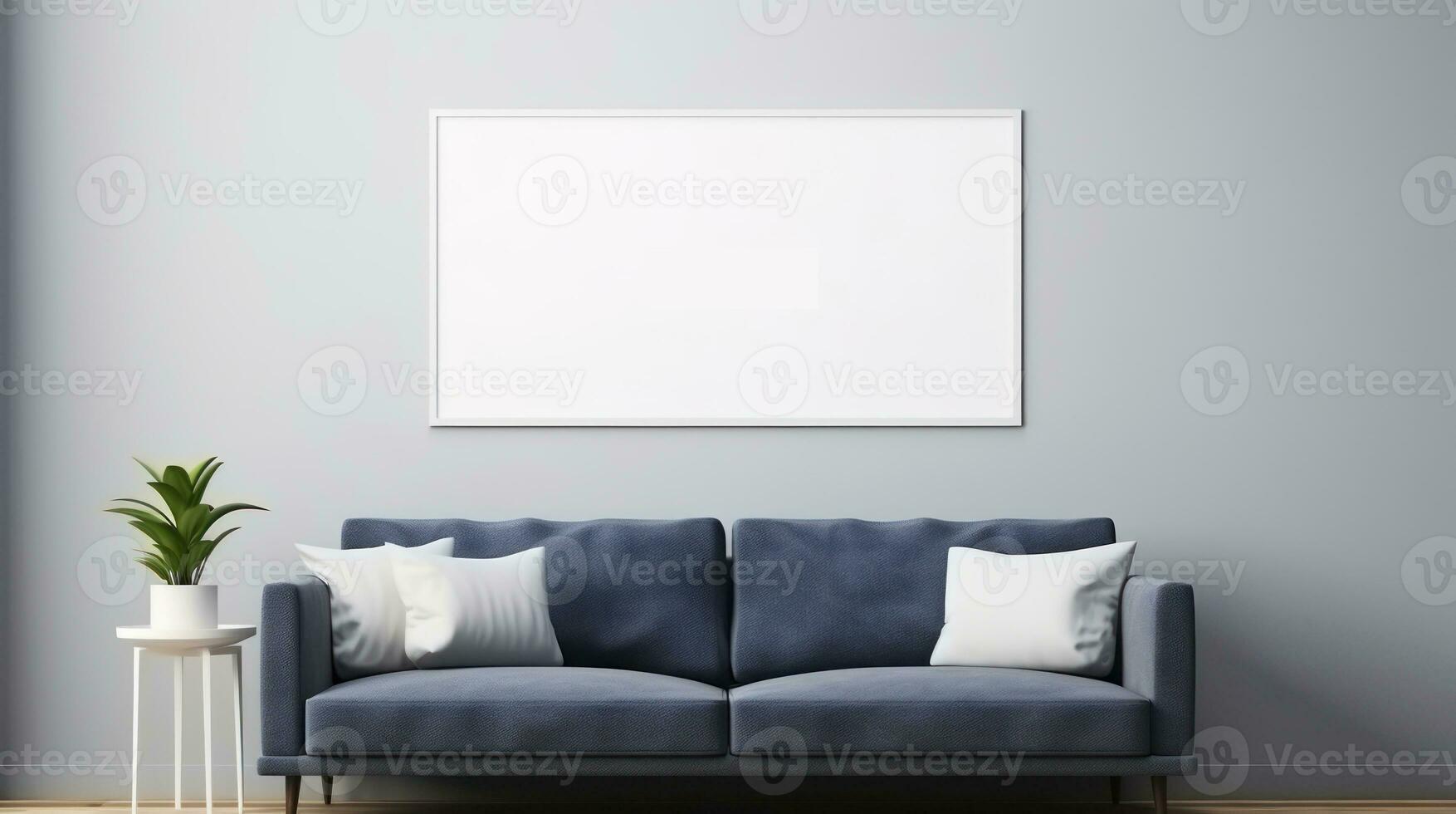 Mockup, template for design. Modern light fashionable living room interior with large empty picture frame on white wall. With copy space. Blue sofa with white pillows. AI generated photo