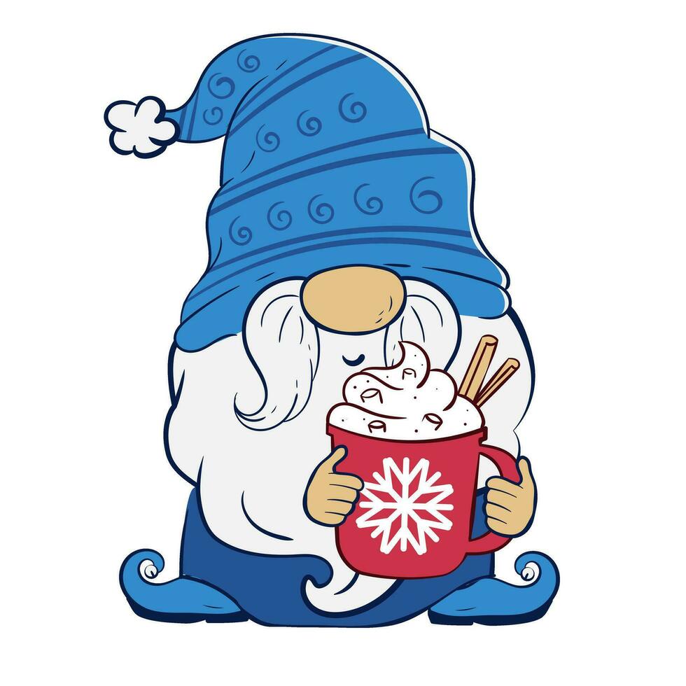 Christmas gnome holding a cup of hot chocolate with marshmallow whipped cream and cinnamon. Vector illustration of cartoon dwarf character
