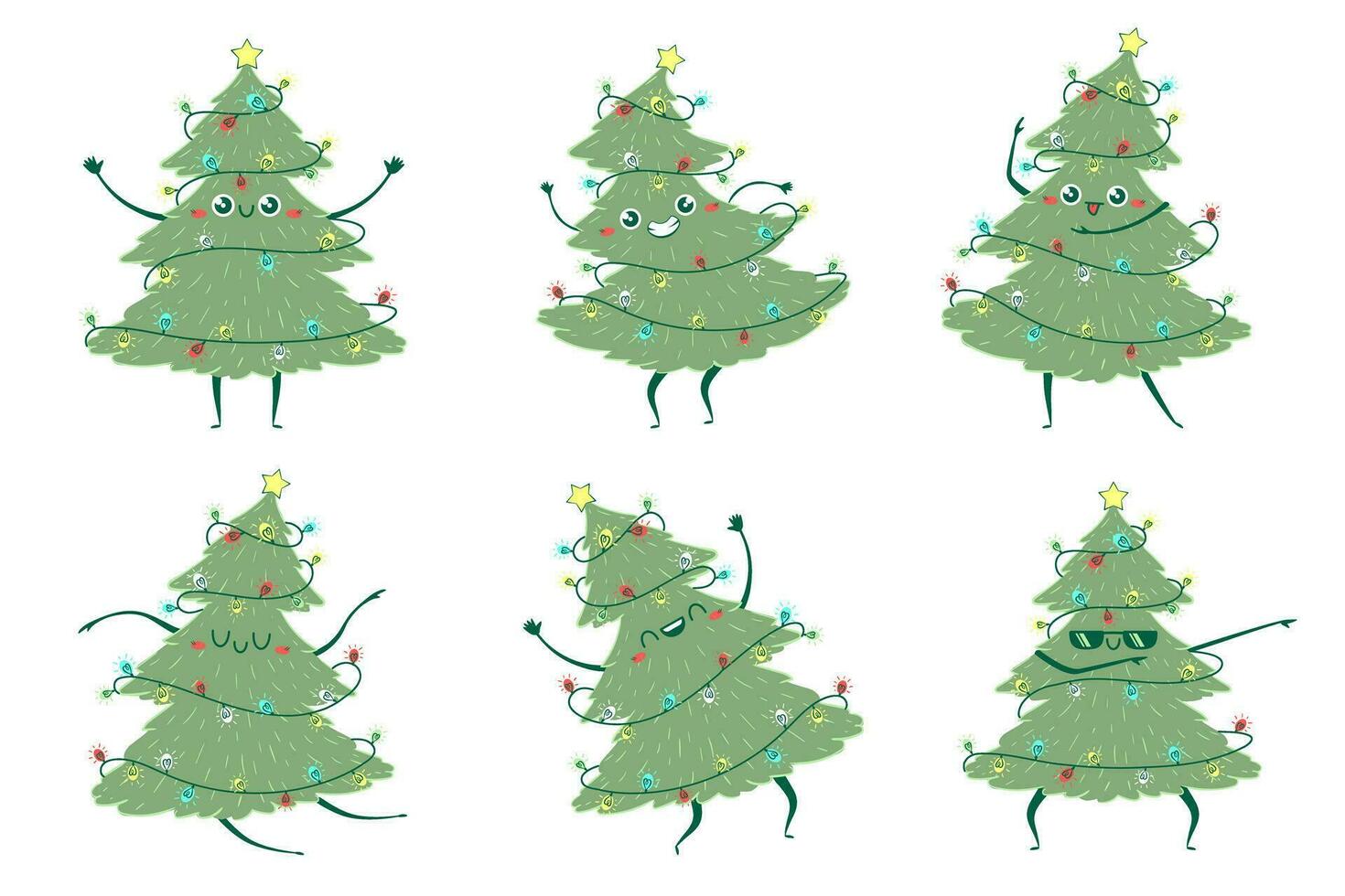 Clipart set Kawaii doodle Christmas tree dancing. Children's handmade naive style. Simple New Year character isolated on white background. Happy spruce concept vector