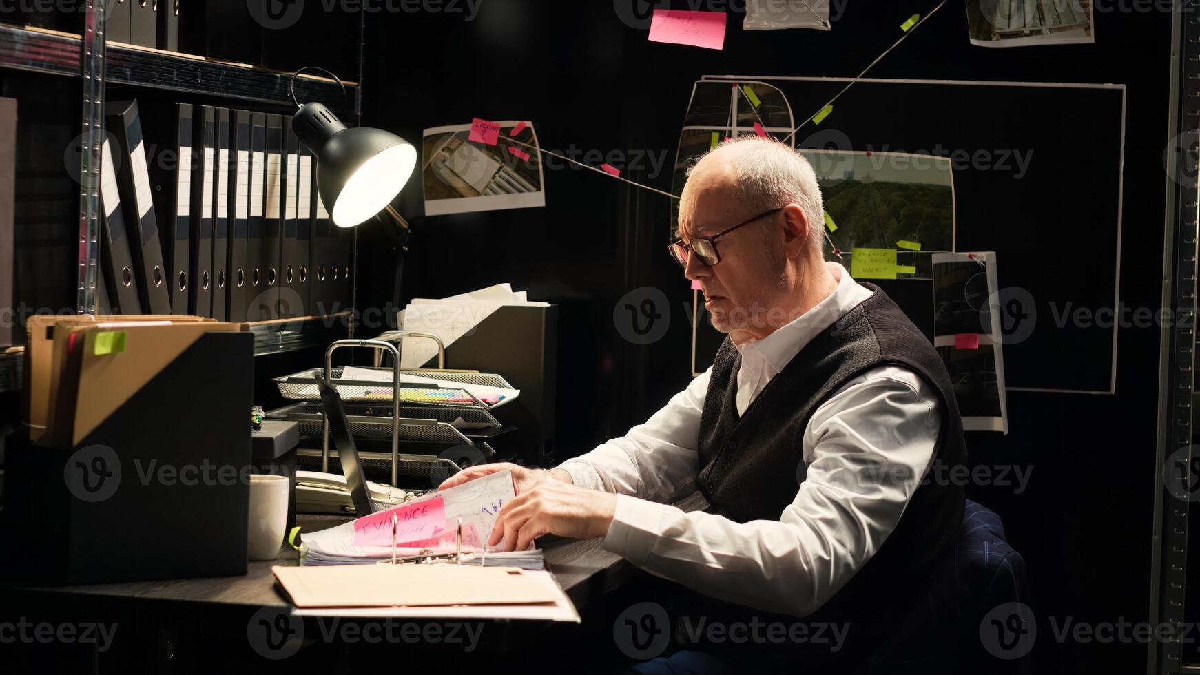 Senior detective read classified records in incident room, trying to solve crime and uncover hidden clues. Man investigator analyzing witness statements and forensic evidence reports. photo