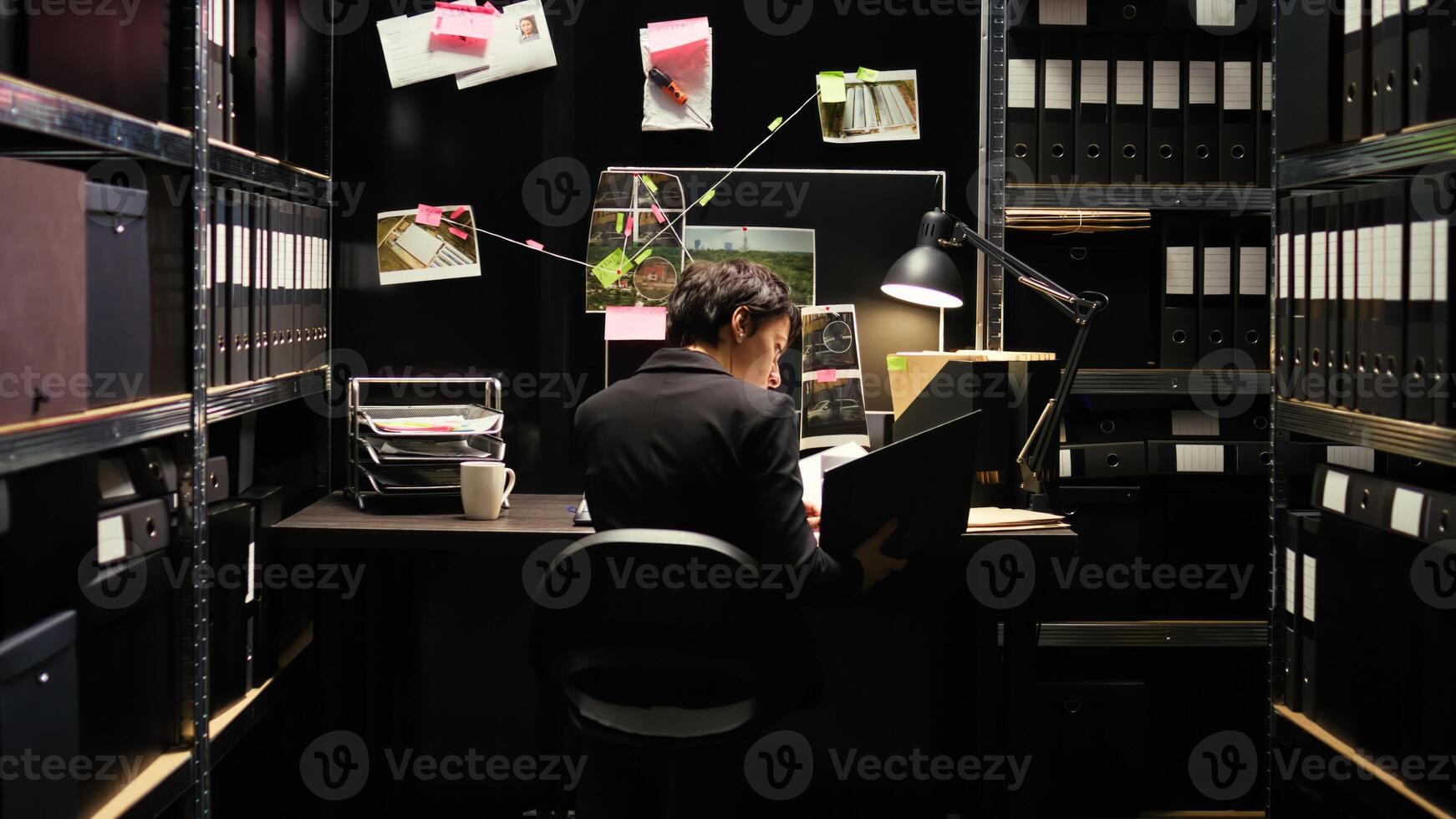 Agent analyzing clues on board in police agency incident room, using new details and forensic report to build strong culprit profile. Criminal expert reading wintess statements, gathering information. photo