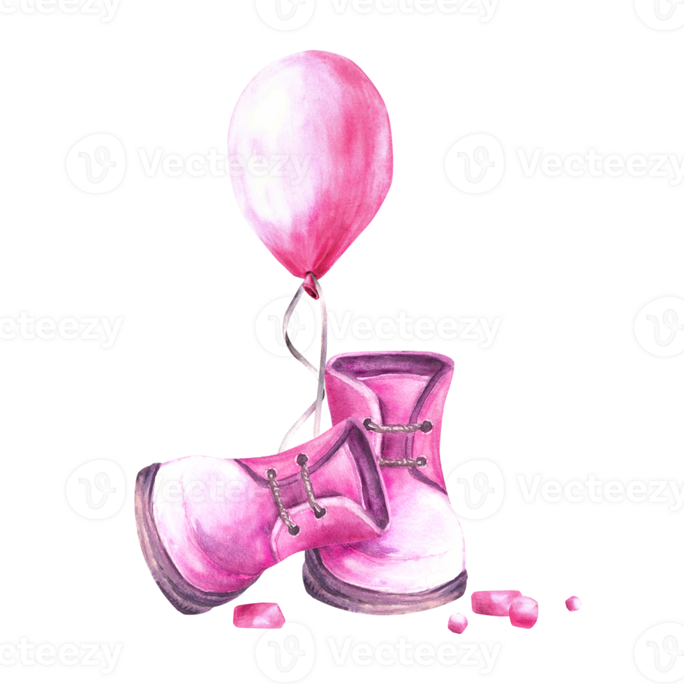 rosa aria ballon con bambino scarpe, stivaletti e viola piselli acquerello bambino doccia clipart, neonato, Genere svelare o contento compleanno festa mano disegnato illustrazioni png