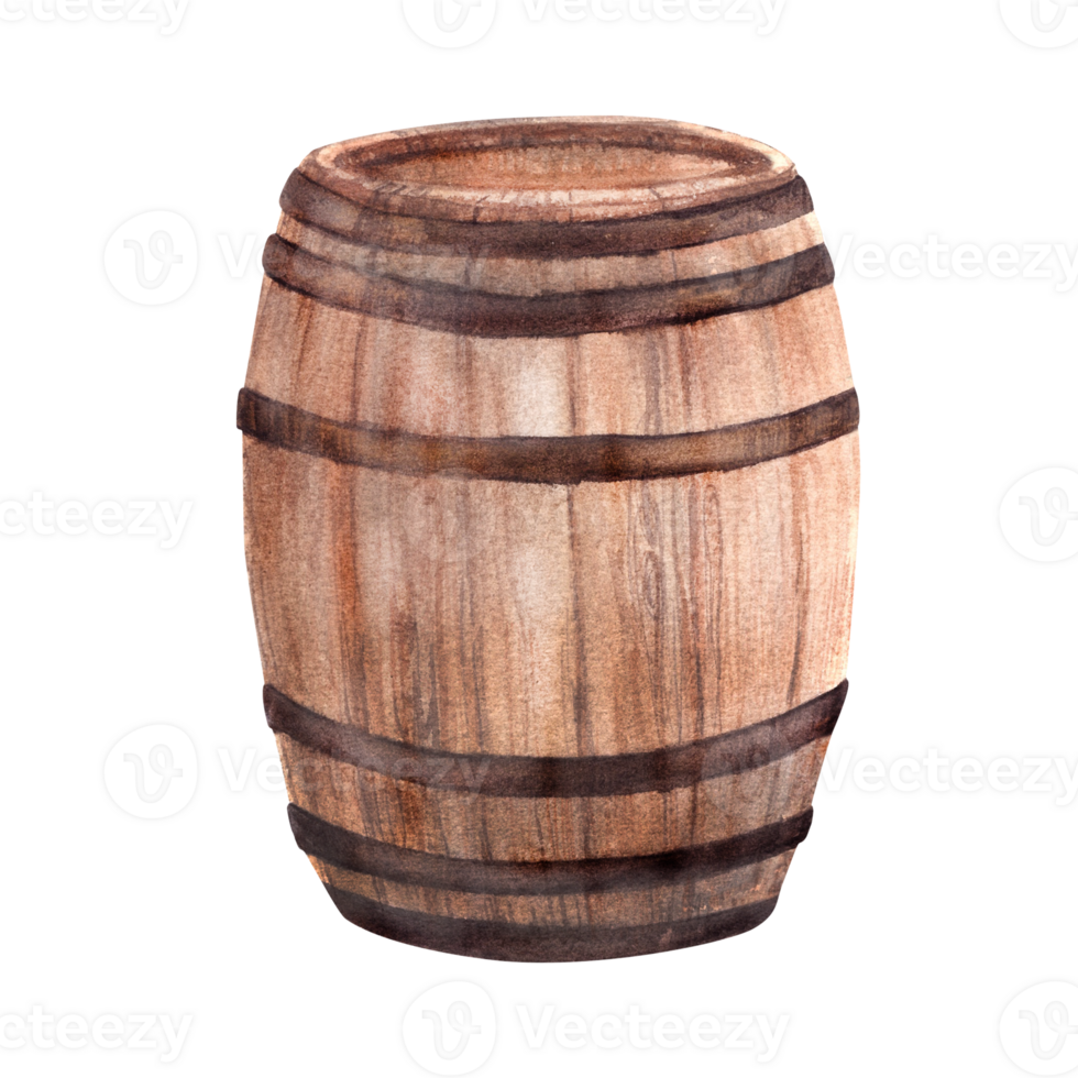 Wooden brown old barrel for wine, beer, cognac and other alcoholic beverages. Hand drawn watercolor illustration For your winemaking design, drink menu, wine list, sticker png