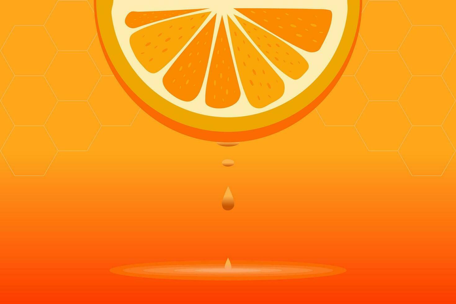 Drop of juice dripping from orange half on orange background with honeycomb pattern. Vector illustration.
